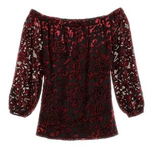Chico's Off-Shoulder Red Burnout Velvet Scroll Pattern Top Sz S Renaissance